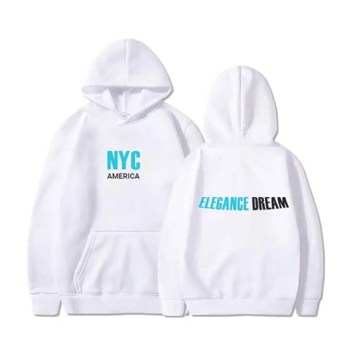 A white sweat hoodie with blue text