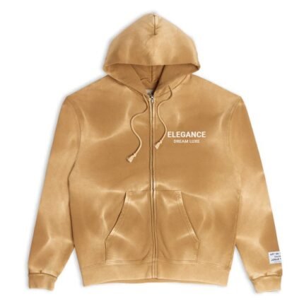 A gold hoodie with white text